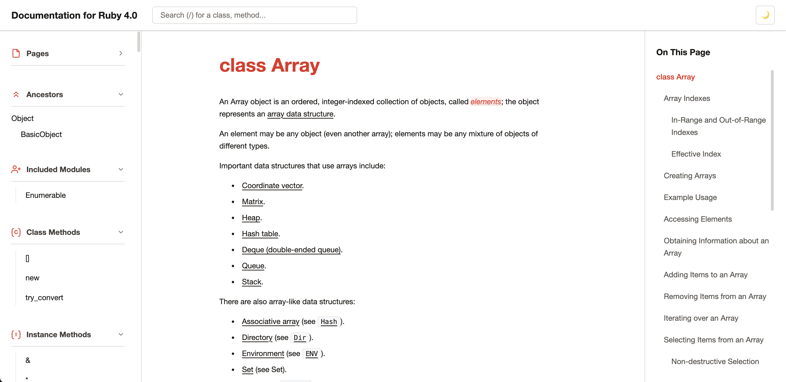 Screenshot of docs.ruby-lang.org with Aliki theme - desktop view