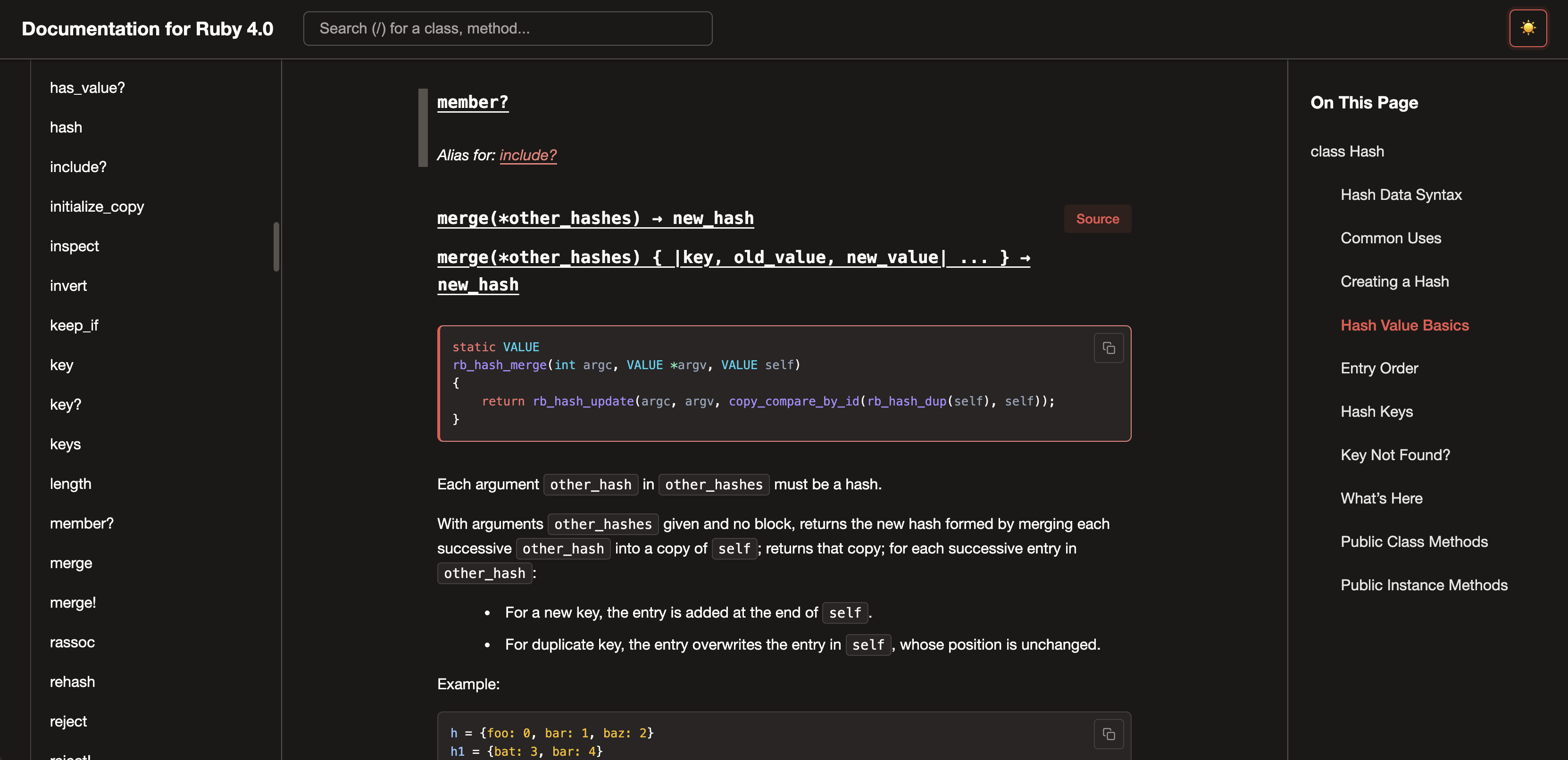 Ruby Hash class documentation page in dark mode