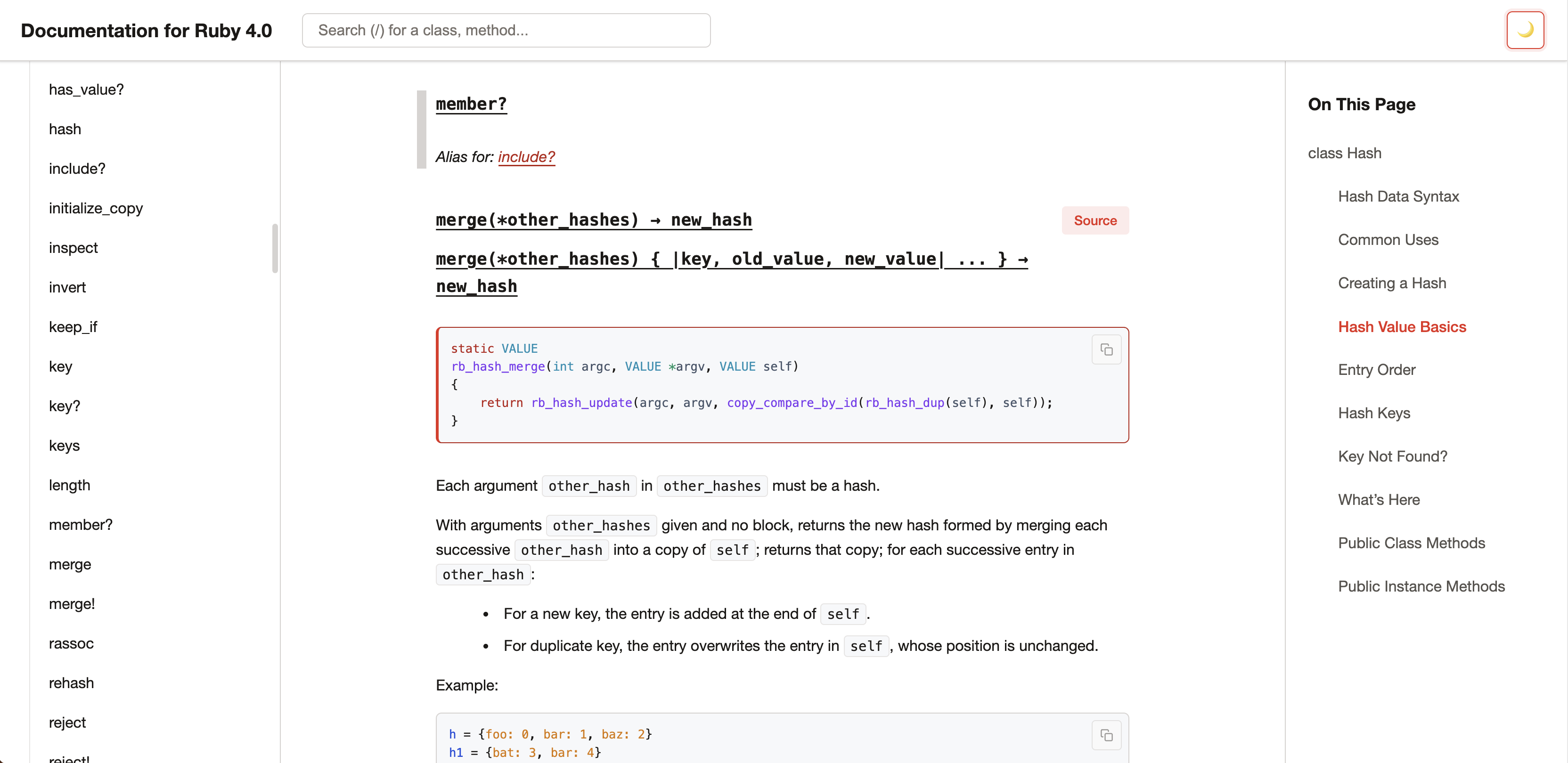 Ruby Hash class documentation page in light mode