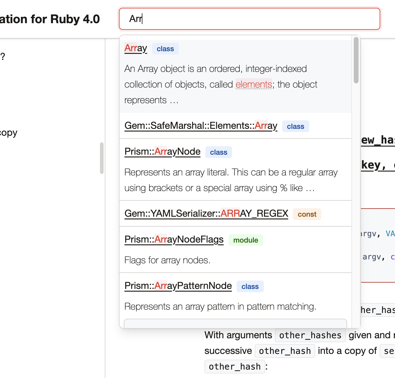 Aliki search dropdown on desktop showing type-aware ranking with classes, modules, methods, and constants
